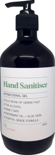 ecoVINE Premium Hand Sanitiser Antibacterial Gel 500mL with pump, Kills 99.9% of Germs Fast, 70% Alcohol, Hospital Grade Formula, Family Safe, Peppermint Oil, Aloe Vera, Eucalyptus Oil, Not Tested on Animals, Vegan Friendly.