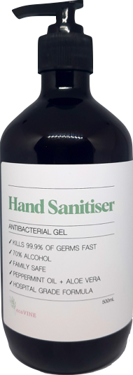 ecoVINE Premium Hand Sanitiser Antibacterial Gel 500mL with pump, Kills 99.9% of Germs Fast, 70% Alcohol, Hospital Grade Formula, Family Safe, Peppermint Oil, Aloe Vera, Eucalyptus Oil, Not Tested on Animals, Vegan Friendly.