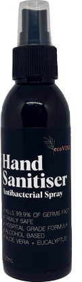 ecoVINE Premium Hand Sanitiser Antibacterial Spray 125mL, Kills 99.9% of Germs Fast, Hospital Grade Formula, Family Safe, Aloe Vera, Eucalyptus Oil, Not Tested on Animals, Vegan Friendly.