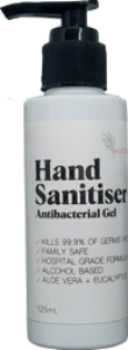  ecoVINE Premium Hand Sanitiser Antibacterial Gel 125mL with pump, Kills 99.9% of Germs Fast, 70% Alcohol, Hospital Grade Formula, Family Safe, Aloe Vera, Eucalyptus Oil, Not Tested on Animals, Vegan Friendly.